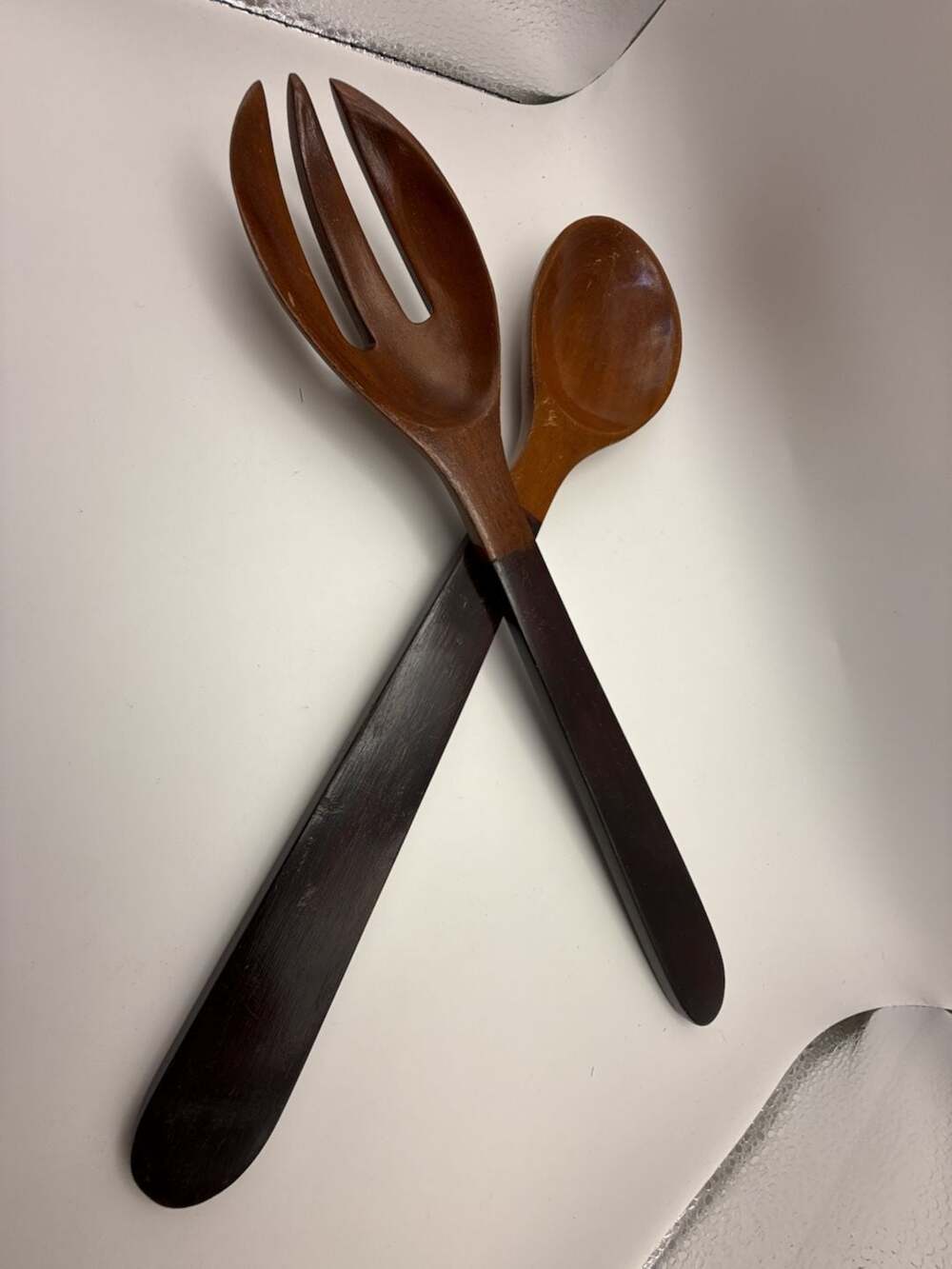 Vintage Mid-Century Two-Tone Hardwood Salad Serving Spoon and Fork Set